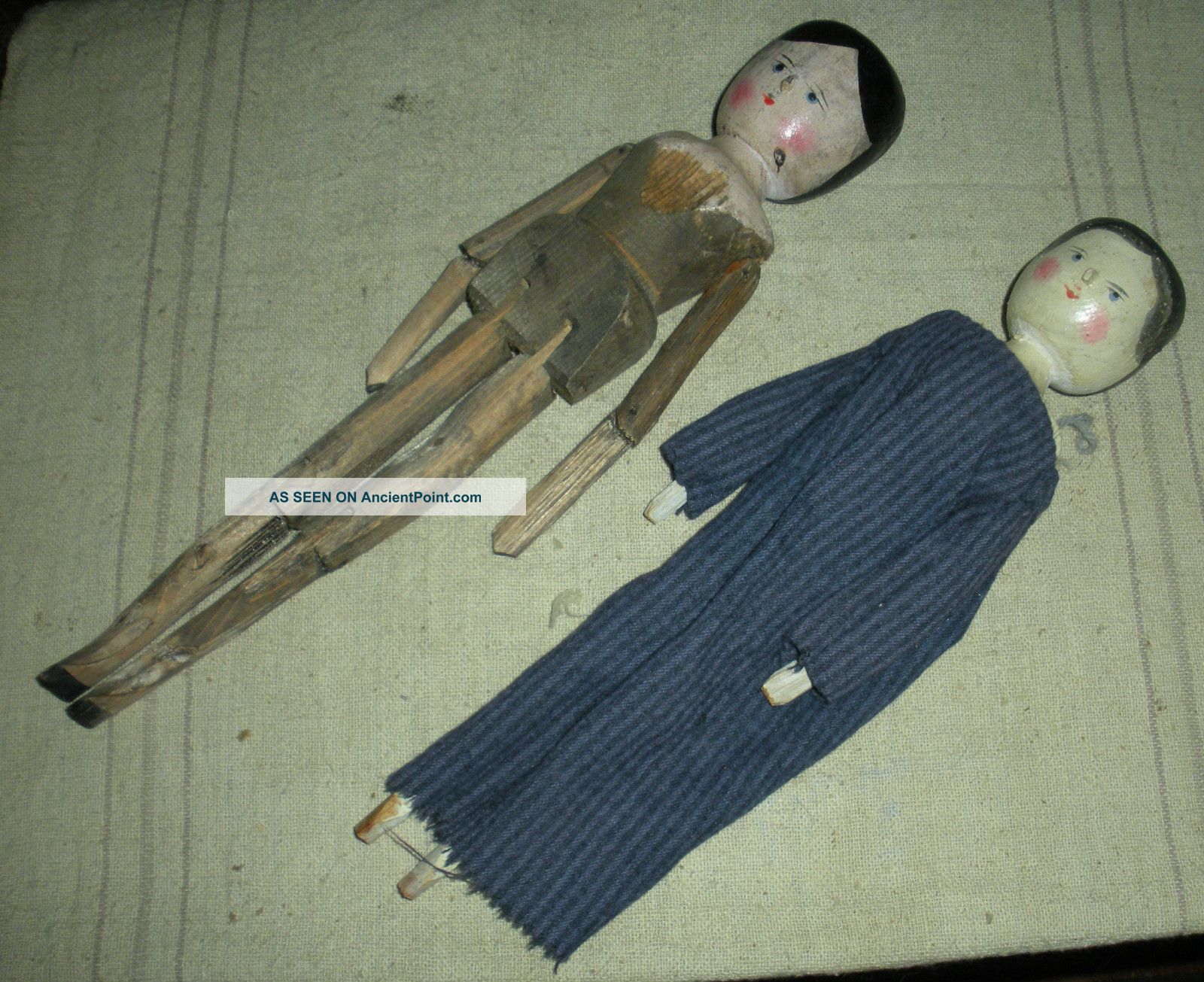 Antique 1800s? Primitive Folk Art Carved Wood Dolls W Painted Faces & Dress Vafo Primitives photo