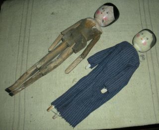 Antique 1800s? Primitive Folk Art Carved Wood Dolls W Painted Faces & Dress Vafo photo