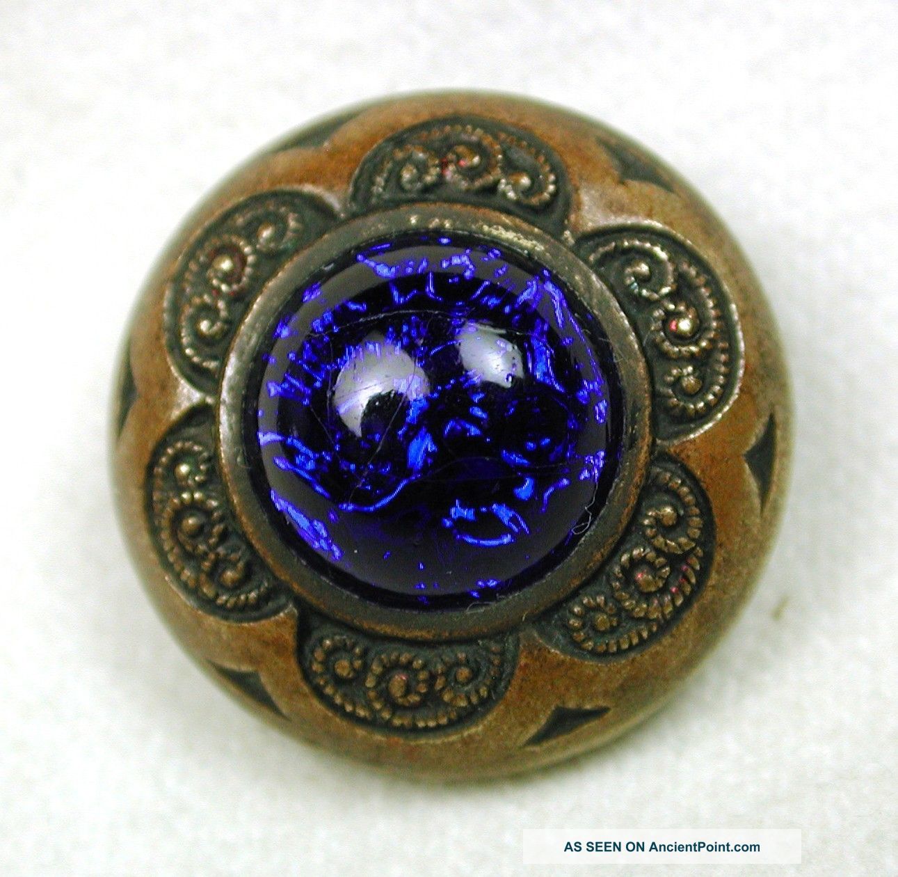 Antique Glass In Metal Button Cobalt Blue W/ Brass Floral Border Buttons photo