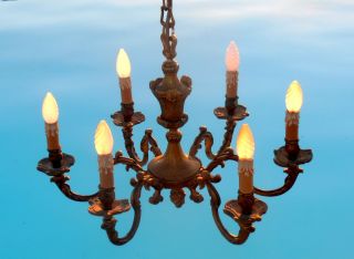 Antique French Chiseled Bronze 6 Arm Light Chateau Chandelier Baroque Rococco photo