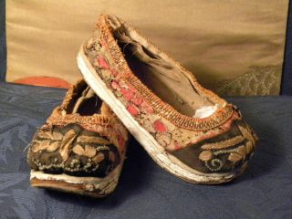 Old Chinese Bound Shoes Silk W/embroidered Flowers photo