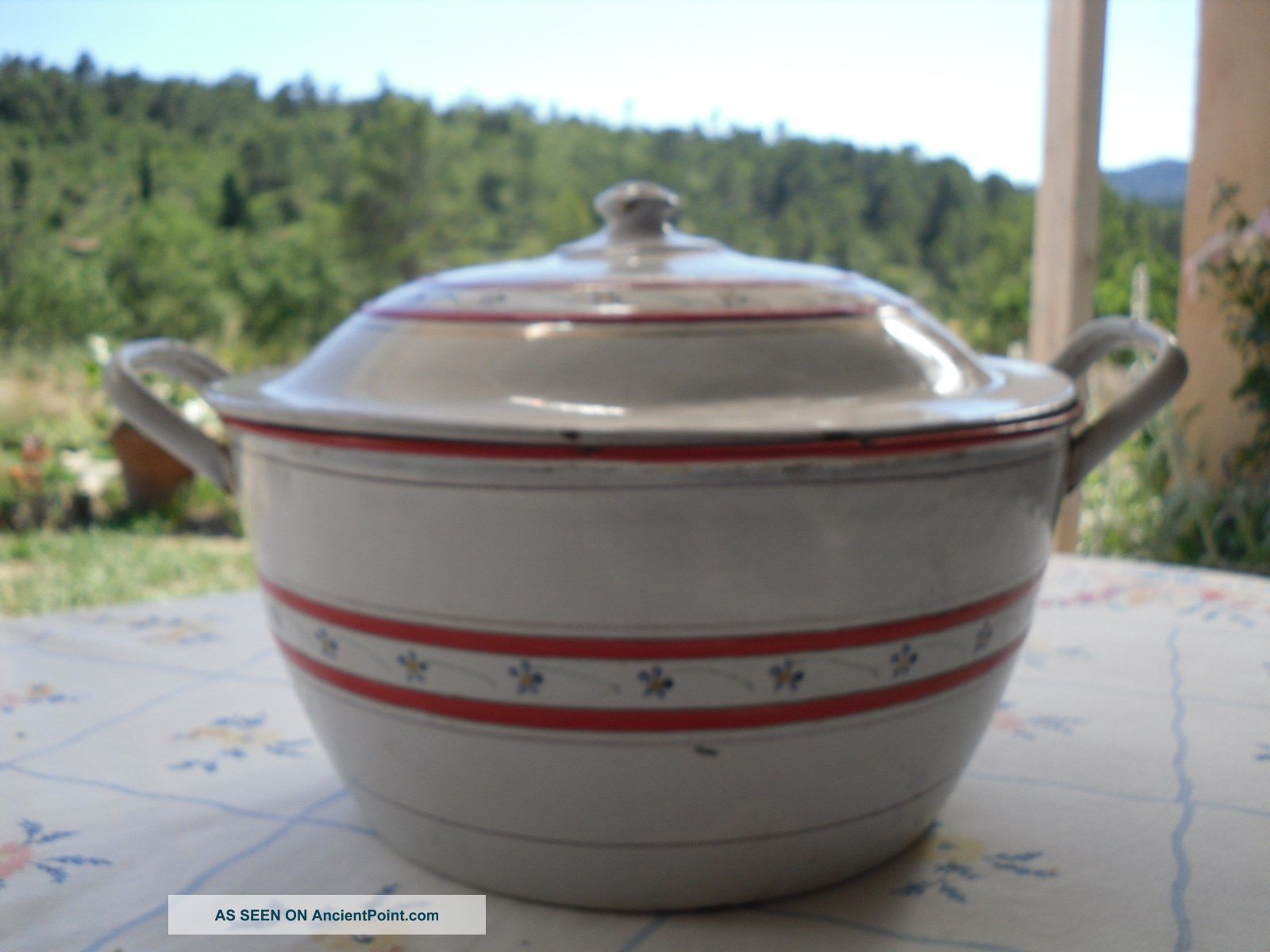 French Antique Hand Painted Flowers Enamel Large Stew - Pan W Cover C.  1920 Metalware photo