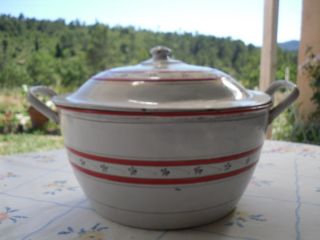 French Antique Hand Painted Flowers Enamel Large Stew - Pan W Cover C.  1920 photo