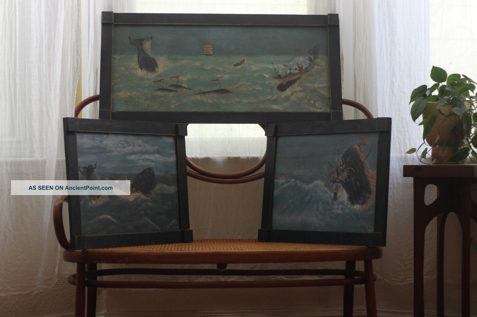 Folk Art Whaling Painting Triptych Folk Art photo