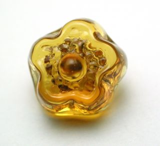 Antique Charmstring Glass Button Honey Color Flower Mold Swirl Back photo