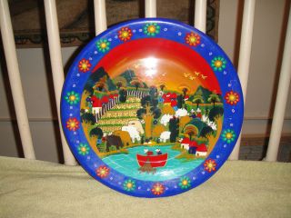 Terracotta Wall Plate - Painted Vibrant Colors - Depicts Sheep & Cows Grazing photo