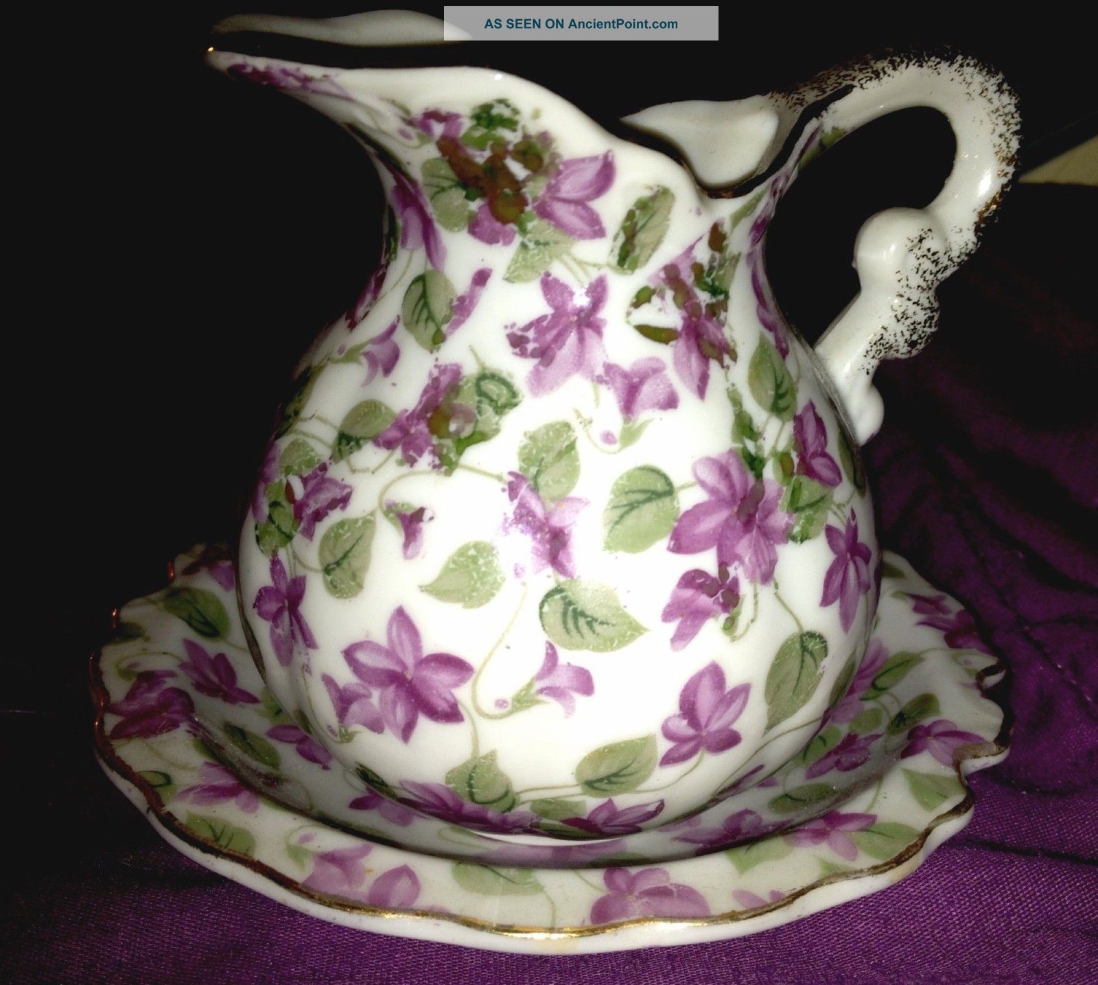 Royal Crown Creamer With Saucer,  White With Purple Violets Cups & Saucers photo