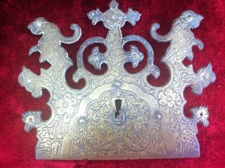 Very Unusual Engraved Brass Authentic Antique Lockplate. . photo