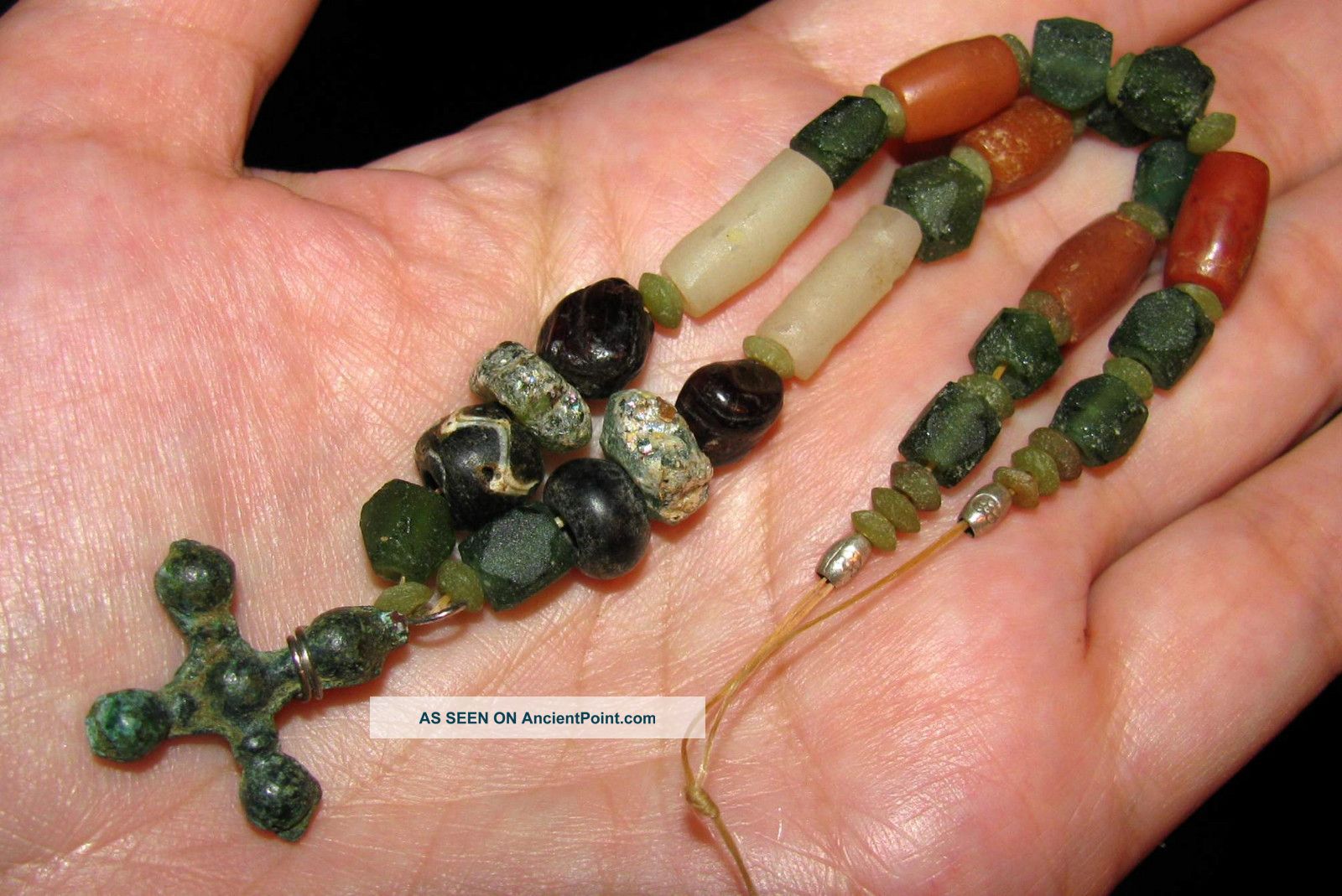 Ancient Roman Cross & Beads - Patina,  Black Zigzag,  Garnet,  Cut Tile,  Neolithic Roman photo
