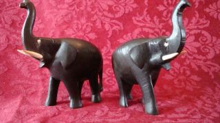 Two Vintage Hand Carved Teak Elephants With Ivory Tusks & Eyes Made In Tanzania photo