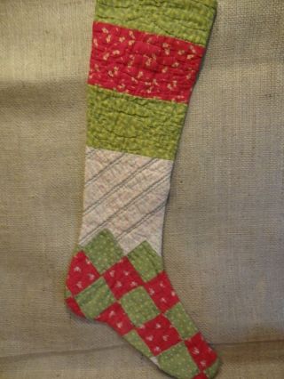 Primitive Vintage Red & Posion Green Quilt Christmas Stocking Hand Crafted 3 photo