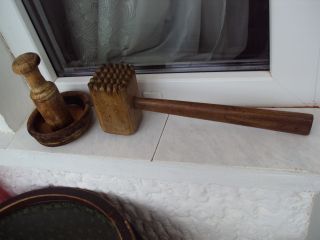 Primitive Antique Wooden Mortar And Pestle + Wooden Hammer photo
