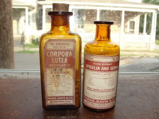Amber Early 1900s Labeled Medicine Bottle Of Two Parke Davis Detroit Bottles photo