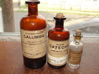 Valentine H,  Smith Bottle Of Three Labeled Medicine Bottles Early 1900s photo