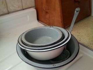 Primitive Enamel Metal Cooking Bowls With Ladel Can Be Hung photo