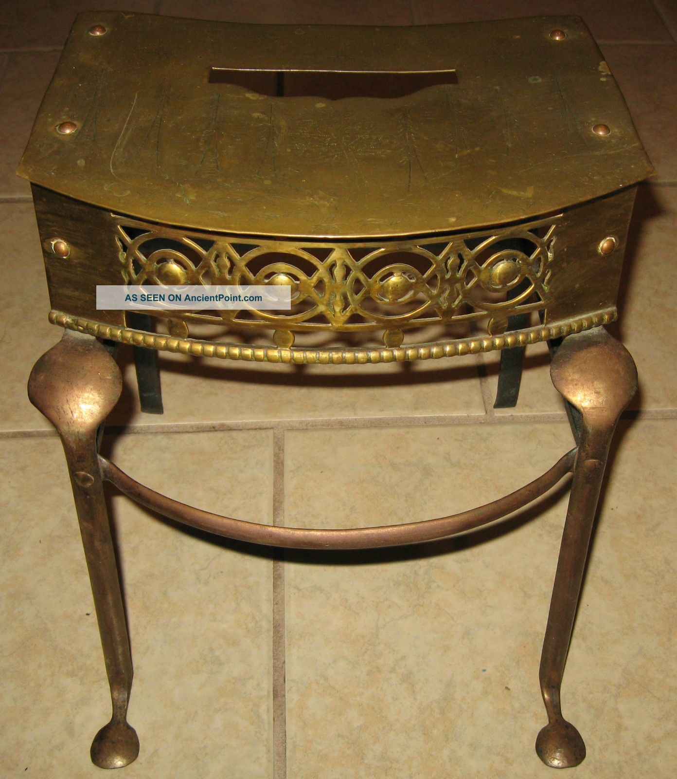 Antique Fireplace Footman / Trivet / Stand,  Ornate Brass,  Tree/stars,  13 - 1/2 