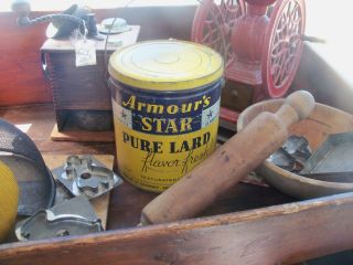Vintage Armour ' S Star Pure Lard Tin - - 8 Pound Tin W/ Bail Wire Handle photo