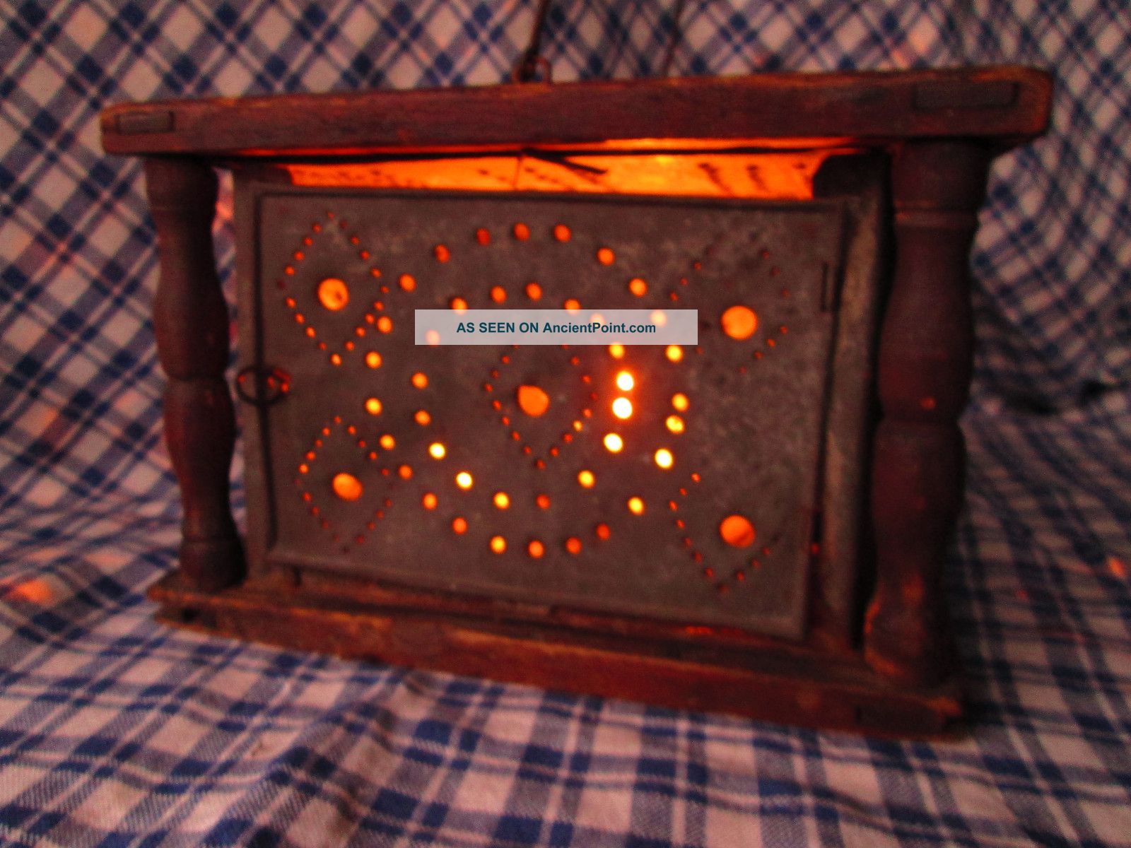 19thc Country Pierced Tin Sleigh Foot Warmer Diamonds & Circles Use As Lantern Primitives photo