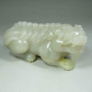 19th C Antique Chinese Hand Carved Natural Hetian Jade Statue & Fortune Foo Dog photo