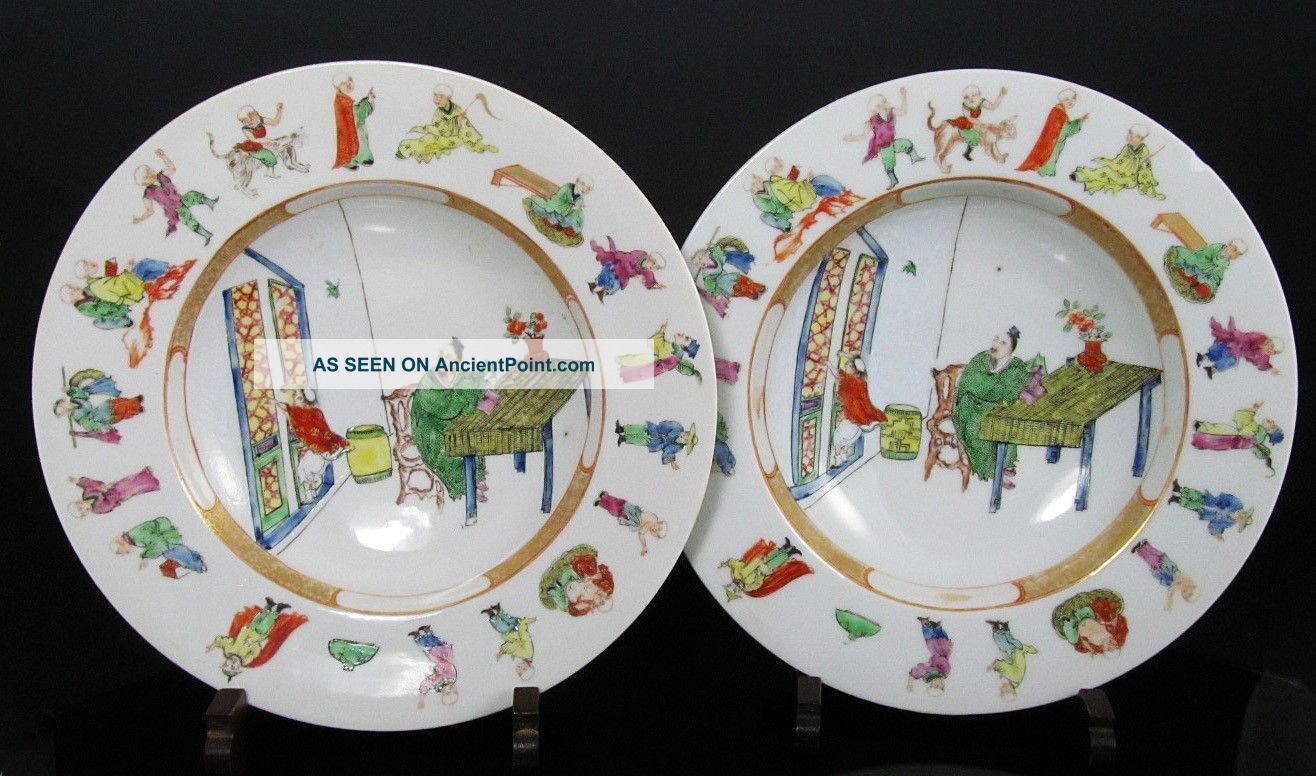 Pair Of Antique Chinese Porcelain Plates With Rings Of Figures - 19c Plates photo