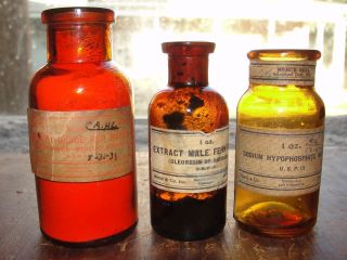 Bottle Of 3 Amber Labeled Medicine & Poison Bottles Early1900s Merck Ny & Nj photo