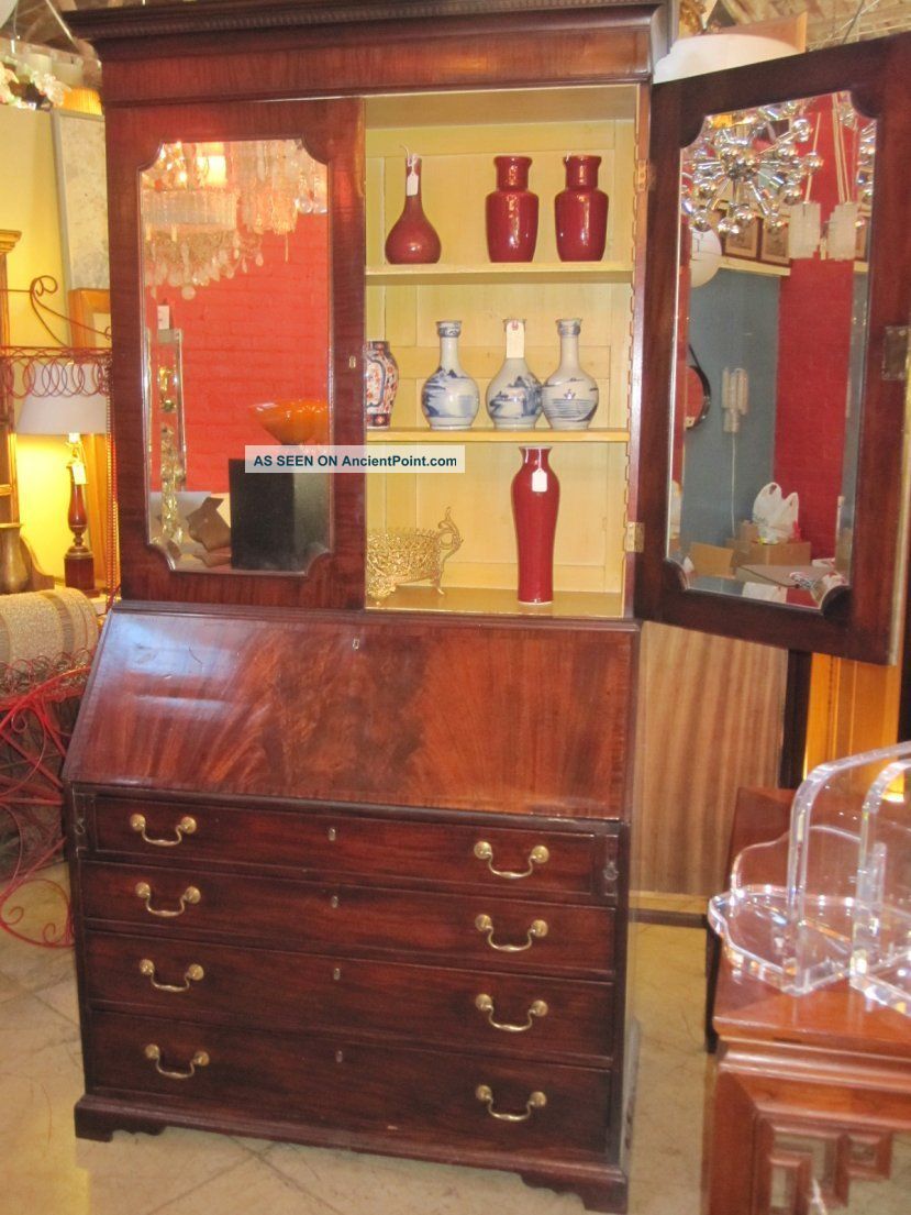 English Georgian 19th Century Slant Front Tooled Leather Mahogany Bookcase 1800-1899 photo