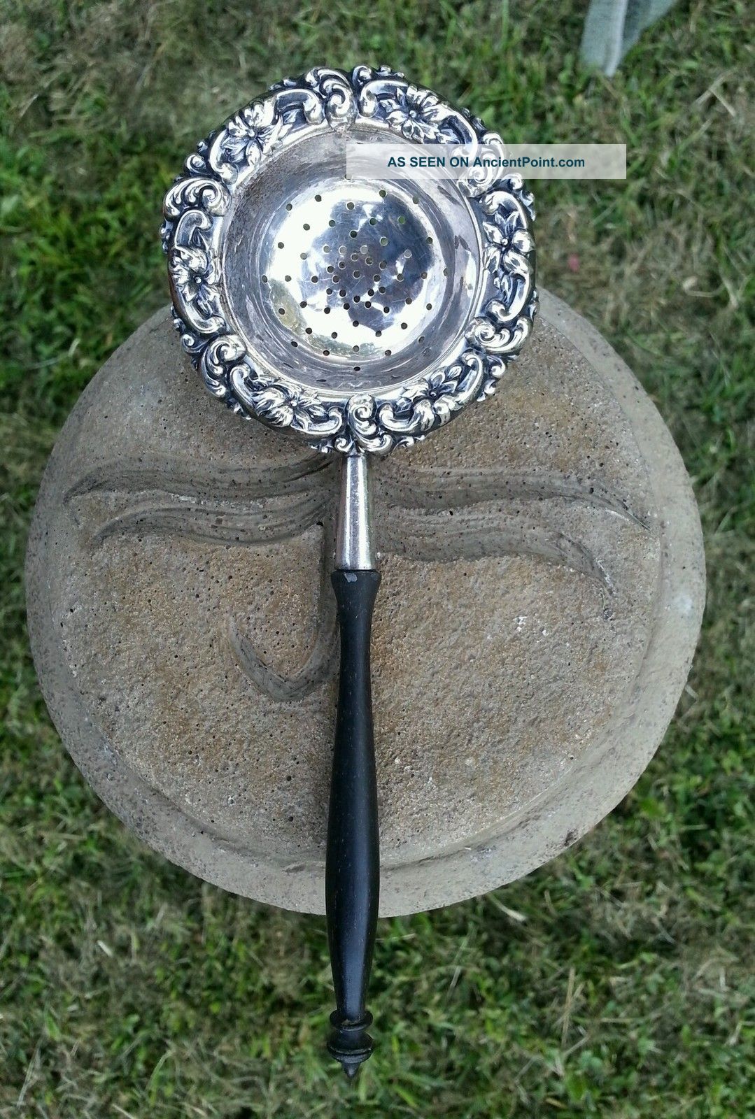 Antique Tea Strainer Sterling Silver Ebony Handle Metalware photo