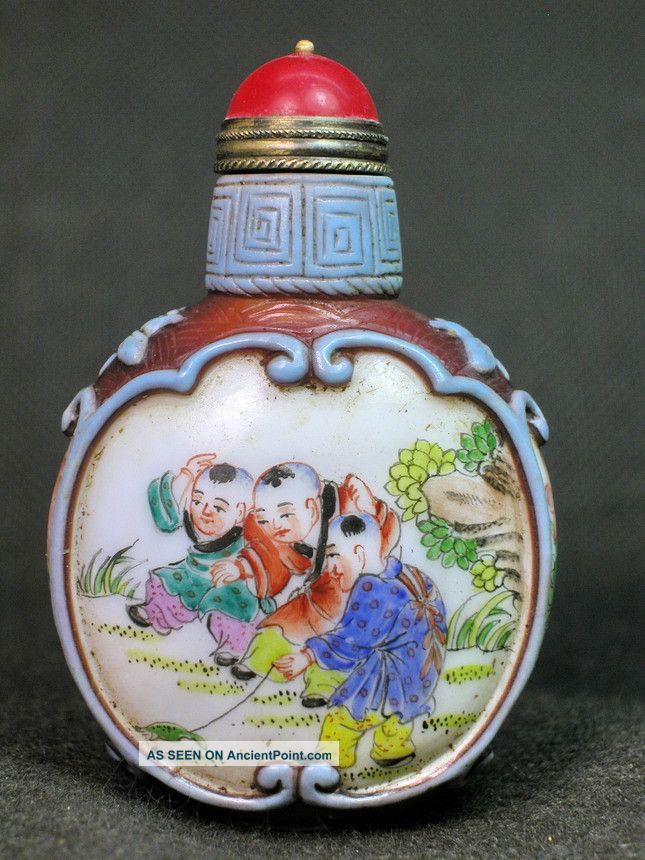 Chinese Boy Play Hand Painted Carved Peking Glass Snuff Bottle Snuff Bottles photo