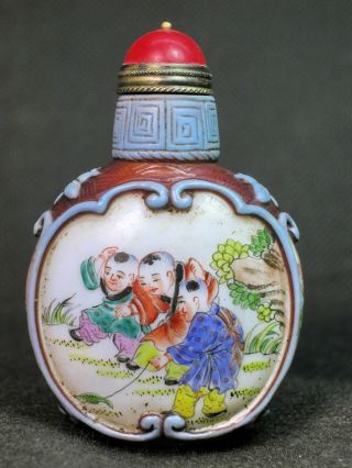 Chinese Boy Play Hand Painted Carved Peking Glass Snuff Bottle photo