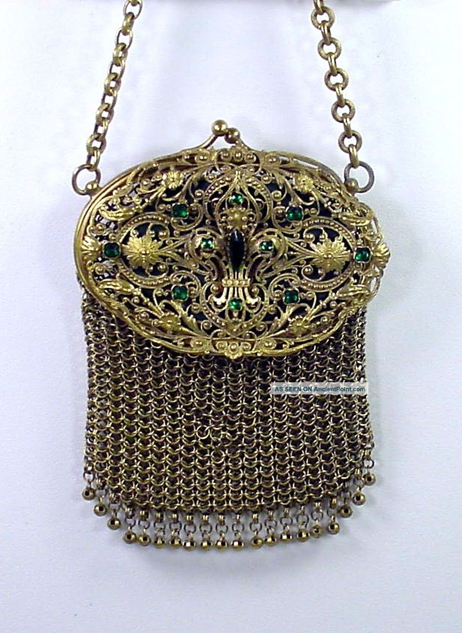 Antique Victorian Filigree Jeweled Frame Rhinestone Stone Mesh Coin Purse Bag Metalware photo