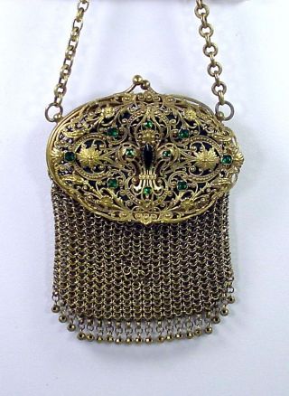 Antique Victorian Filigree Jeweled Frame Rhinestone Stone Mesh Coin Purse Bag photo