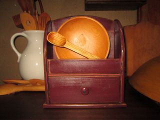 Primitive Country Pantry Red Wood Box Wood Bowl Keep With Drawer Functional photo