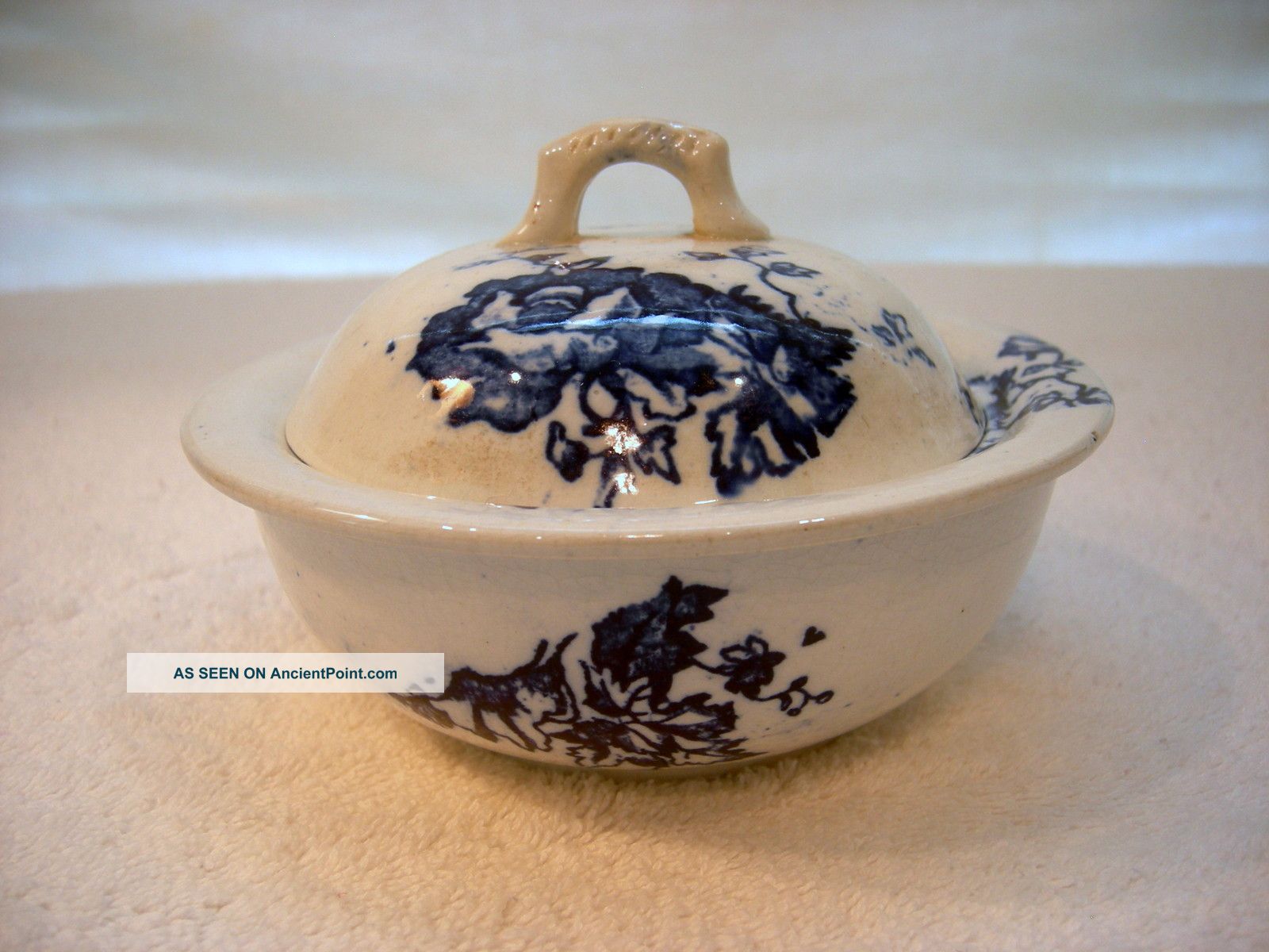 3 Pc.  Antique Cobalt Flow Blue Floral Covered Butter Cheese Dish Primitives photo