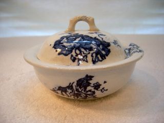 3 Pc.  Antique Cobalt Flow Blue Floral Covered Butter Cheese Dish photo