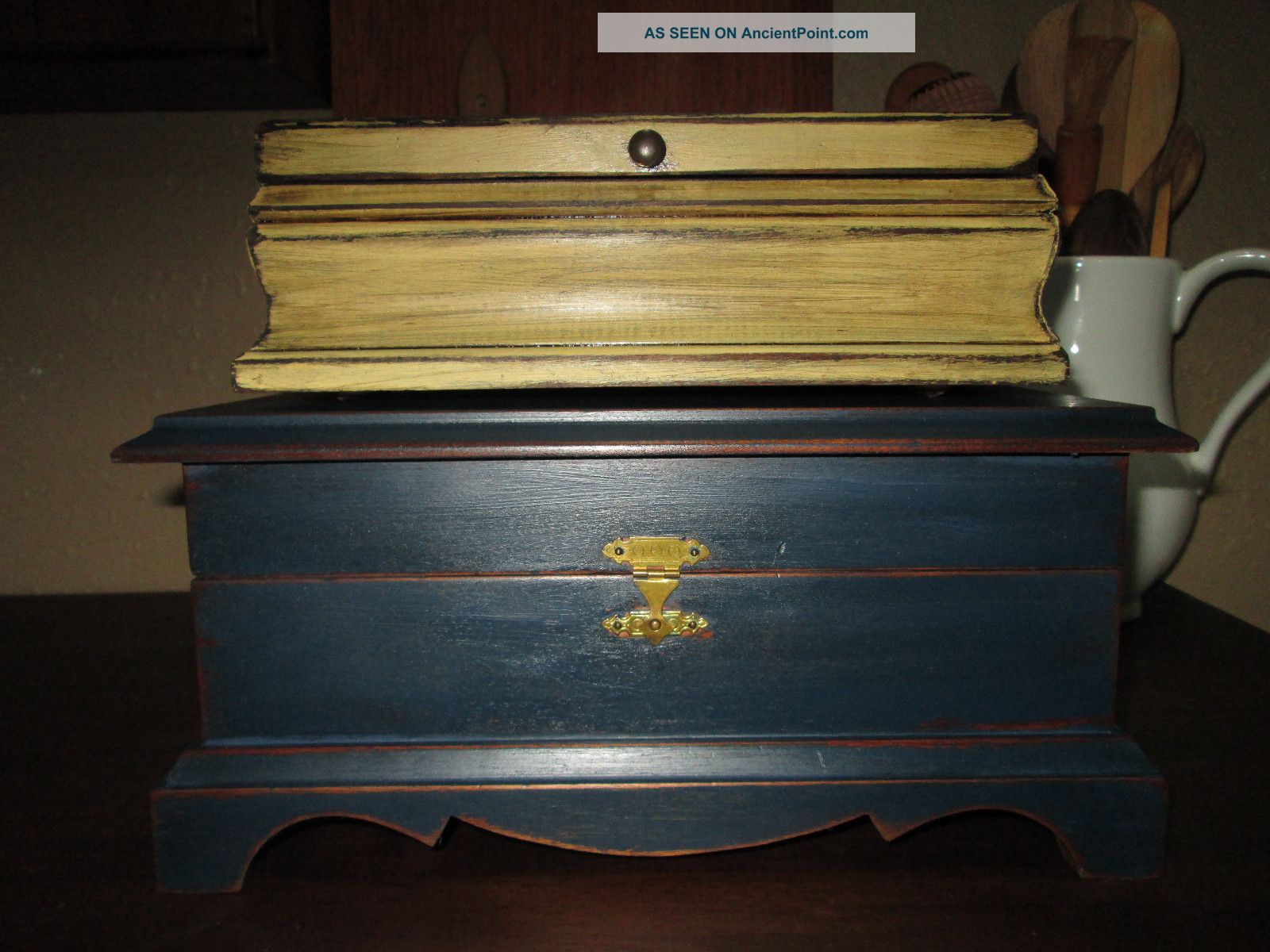 Primitive Colonial Blue Keepsake Wood Document Box Chest Brass Closure Primitives photo