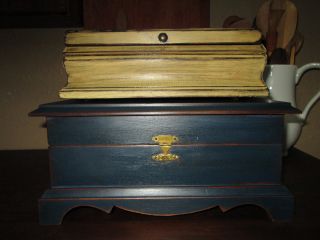Primitive Colonial Blue Keepsake Wood Document Box Chest Brass Closure photo