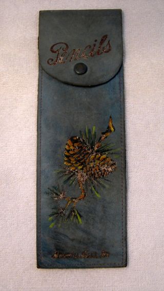 Antique Victorian Hand Painted Leather Pencil Case Souvenier Of Pa photo