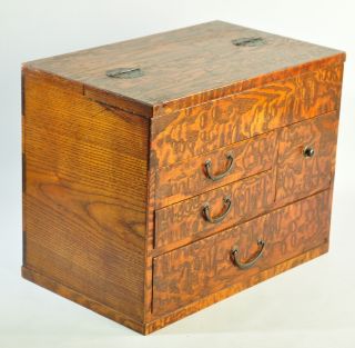 Japanese Antique Haribako Small Tansu Chest Sewing Box Zelkova Burl Wood Taisho photo