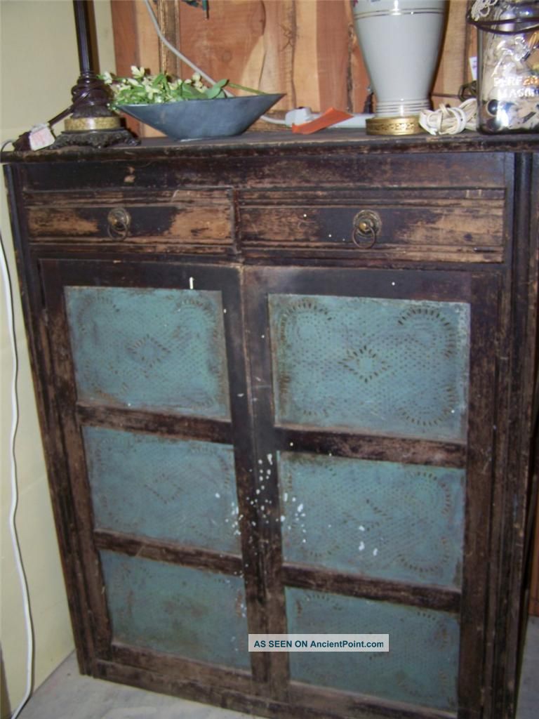 Antique Jelly Cabinet Painted Black Shabby Primitive Storage Jam Pie Safe Tin 1800-1899 photo