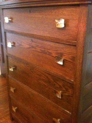 Vintage 40 ' S Mission Style Dark Oak 5 Drawer Chest W/skeleton Lock And Key Incl photo