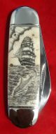 Double Sided Nautical Scrimshaw Art,  Tall Ship,  Dolphins,  Folding Knife/knives Scrimshaws photo 2