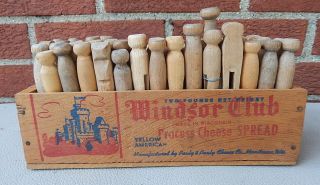Antique Wooden Windsor Club Cheese Box Pauly & Pauly With Vintage Clothes Pins photo
