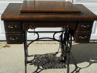 Antique Davis Vertical Feed Treadle Sewing Machine On Cast Iron Base W/cabinet photo