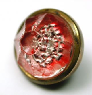 Antique Glass In Metal Button Back Molded Flower W/ Faceted Top Red Tinted Liner photo