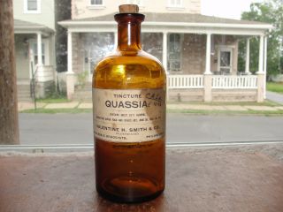 Amber Early 1900s Valentine H.  Smith Quassia Labeled Medicine Bottle photo