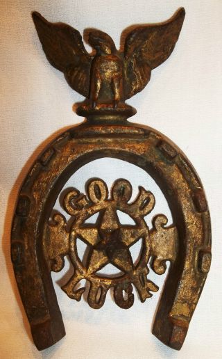 Antique Gilded Cast Iron Good Luck Eagle Top Star Horseshoe Wall Hanging Trivet photo