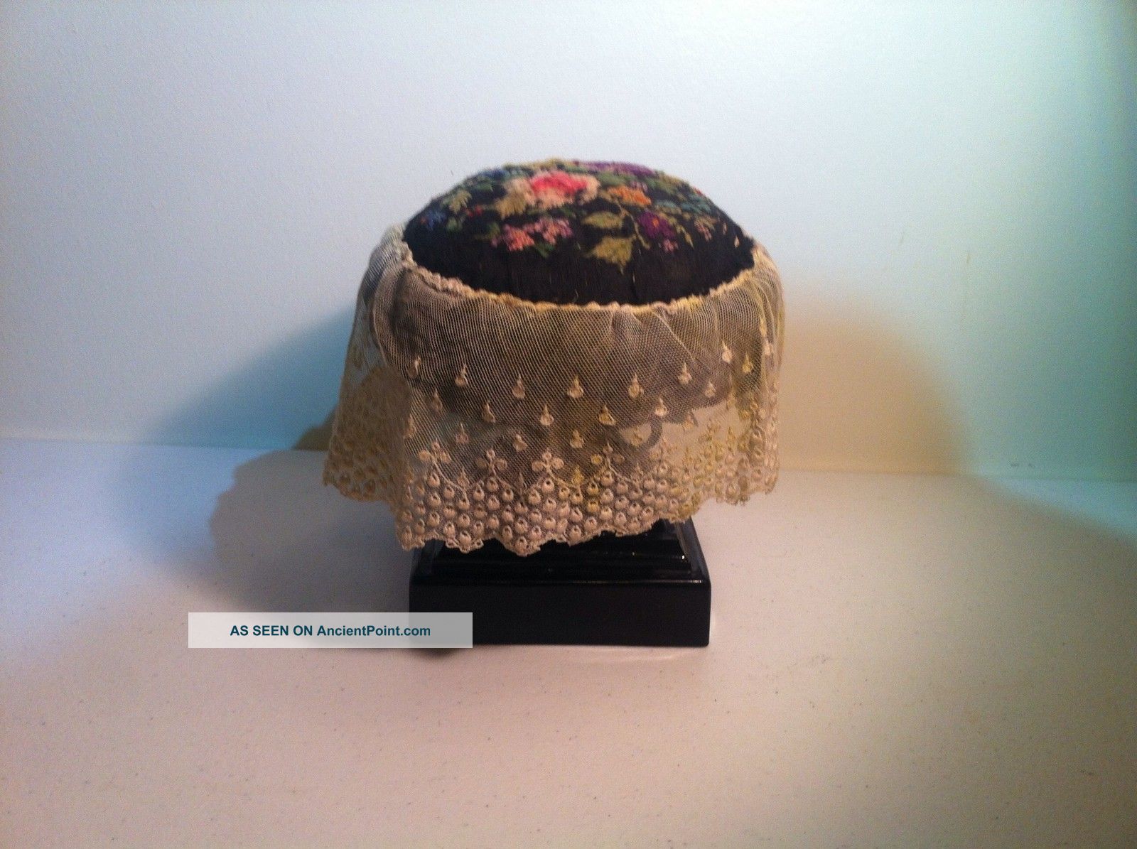 Antique Black Flint Glass Base Make - Do Pin Cushion W/ Needlework Lace Primitives photo