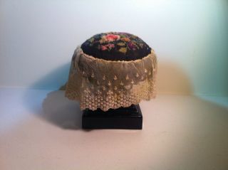 Antique Black Flint Glass Base Make - Do Pin Cushion W/ Needlework Lace photo