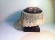 Antique Black Flint Glass Base Make - Do Pin Cushion W/ Needlework Lace Primitives photo 4