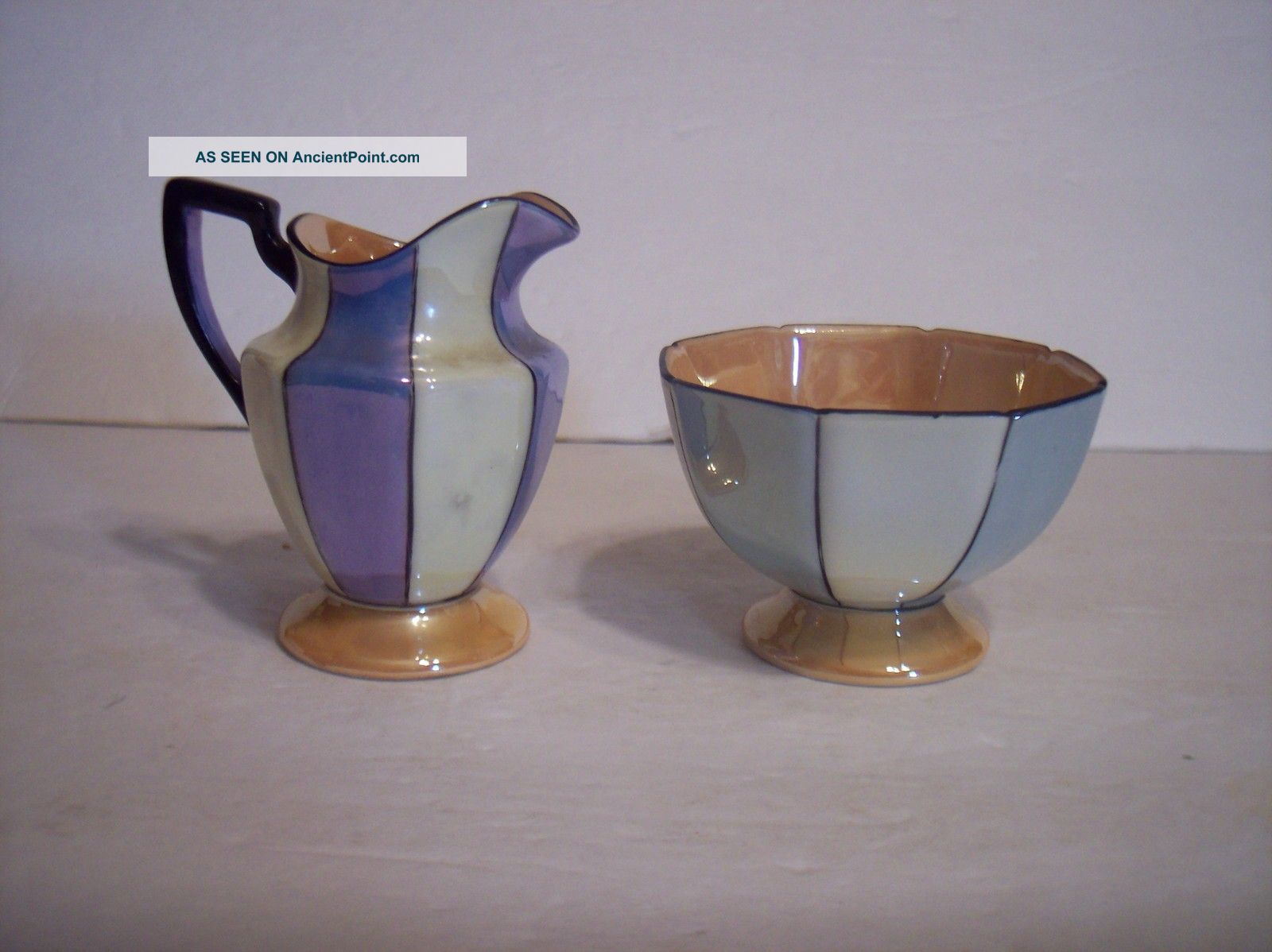 Antique Art Deco Luster Creamer Sugar Bowl Angular Blue Yellow Stripe Noritake Art Deco photo